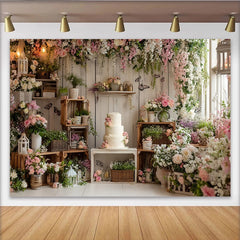 Lofaris Toile de fond anniversaire floral rose et blanc pour fille, décoration de fête rustique avec gâteau pour studio photo