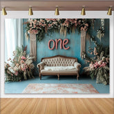 Lofaris Toile de fond 1er anniversaire bébé mur bleu et fleurs roses, décor rustique bohème avec canapé vintage pour séance photo