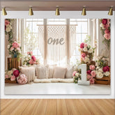 Lofaris Toile de fond pour premier anniversaire fleurs roses et blanches, décor rustique pour studio photo ou fête d'enfant