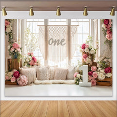 Lofaris Toile de fond pour premier anniversaire fleurs roses et blanches, décor rustique pour studio photo ou fête d'enfant