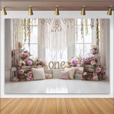 Lofaris Toile de fond florale rose et violette pour 1er anniversaire avec macramé, élégant décor de fête pour séance photo de bébé