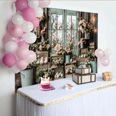 Lofaris Toile de fond de Pâques fleurs roses et œufs pastel pour photographie, arrière-plan rustique de porte en bois pour studio photo