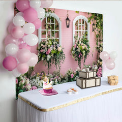 Lofaris Toile de fond de photographie fenêtre fleurie rose avec arches et roses, élégant arrière-plan pour studio photo et printemps