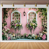 Lofaris Toile de fond de photographie fenêtre fleurie rose avec arches et roses, élégant arrière-plan pour studio photo et printemps