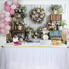 Lofaris Toile de fond de photographie florale rustique avec fleurs pastel et couronne, élégant arrière-plan en bois pour studio et séance photo