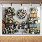 Lofaris Toile de fond de photographie florale rustique avec fleurs pastel et couronne, élégant arrière-plan en bois pour studio et séance photo