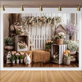 Lofaris Toile de fond de photographie Pâques lapin et fleurs printanières, arrière-plan rustique pour studio photo et portraits