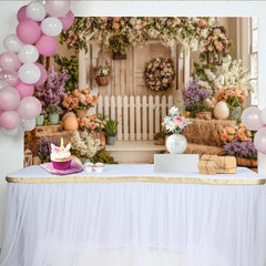 Lofaris Toile de fond de Pâques printanière avec clôture blanche et fleurs pastel, élégant décor de ferme pour séance photo et célébration