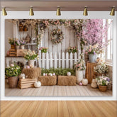 Lofaris Toile de fond de Pâques rustique avec clôture blanche et œufs pastel, charmant décor de printemps pour studio photo
