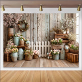 Lofaris Toile de fond de Pâques rustique avec clôture et fleurs, élégant arrière-plan en bois pour studio photo et célébration