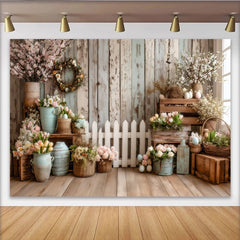 Lofaris Toile de fond de Pâques rustique avec clôture et fleurs, élégant arrière-plan en bois pour studio photo et célébration