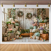 Lofaris Toile de fond de photographie de Pâques rustique avec fleurs pastel et œufs, charmant arrière-plan floral pour studio photo