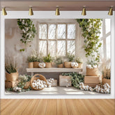 Lofaris Toile de fond de photographie naturelle avec fenêtre rustique, coton et verdure, élégant arrière-plan pour studio photo et portrait