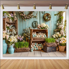 Lofaris Toile de fond de Pâques printanière avec œufs pastel et fleurs, décor rustique pour célébration et studio photo
