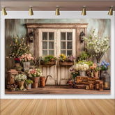 Lofaris Toile de fond de photographie de jardin fleuri avec porte rustique et lanternes, magnifique arrière-plan printanier pour studio photo