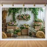 Lofaris Toile de fond de photographie florale rustique avec mur en bois blanc et fleurs pastel, décor printanier élégant pour séance photo