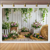 Lofaris Toile de fond de photographie florale de printemps, mur en bois et foin, arrière-plan rustique pour studio photo et portrait