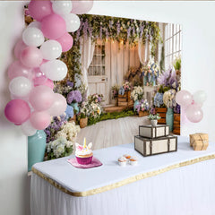 Lofaris Toile de fond de photographie de jardin fleuri avec porte en bois et glycines, décor romantique et élégant pour studio photo