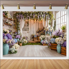 Lofaris Toile de fond de photographie de jardin fleuri avec porte en bois et glycines, décor romantique et élégant pour studio photo