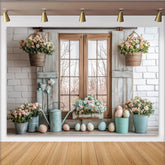 Lofaris Toile de fond de Pâques rustique avec fenêtre en bois et fleurs pastel, décor printanier charmant pour séance photo et célébration