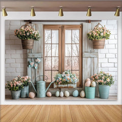 Lofaris Toile de fond de Pâques rustique avec fenêtre en bois et fleurs pastel, décor printanier charmant pour séance photo et célébration