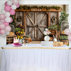 Lofaris Toile de fond de Pâques rustique avec porte de grange en bois et fleurs printanières, décor naturel avec lapin et œufs pour séance