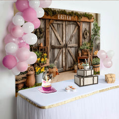 Lofaris Toile de fond de Pâques rustique avec porte de grange en bois et fleurs printanières, décor naturel avec lapin et œufs pour séance