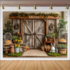 Lofaris Toile de fond de Pâques rustique avec porte de grange en bois et fleurs printanières, décor naturel avec lapin et œufs pour séance