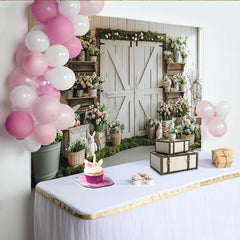 Lofaris Toile de fond de Pâques rustique avec porte de grange et lapins blancs, charmant décor printanier pour studio photo et célébration
