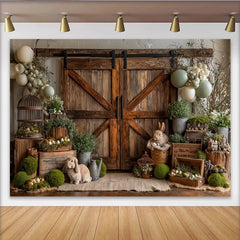 Lofaris Toile de fond de Pâques rustique avec lapins, œufs et verdure, magnifique arrière-plan de printemps pour studio photo et fête