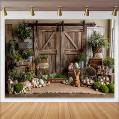 Lofaris Toile de fond de Pâques rustique avec porte de grange et œufs de printemps, magnifique décor de ferme pour séance photo de printemps