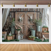 Lofaris Fond de photographie Pâques rustique avec lapins et œufs, décor de ferme en bois pour séance photo de famille printanière