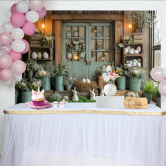 Lofaris Toile de fond de photographie de Pâques avec lapins, œufs et fleurs printanières, décor champêtre en bois pour studio photo