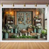 Lofaris Toile de fond de photographie de Pâques avec lapins, œufs et fleurs printanières, décor champêtre en bois pour studio photo