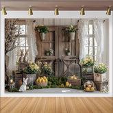 Lofaris Toile de fond de Pâques rustique avec lapins œufs et fleurs printanières, élégant arrière-plan de ferme pour séance photo de famille