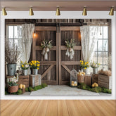 Lofaris Toile de fond de Pâques rustique portes de grange et lapins, décor printanier champêtre avec fleurs et œufs pour photographie