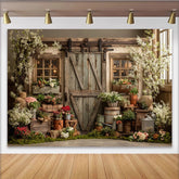 Lofaris Toile de fond de photographie de jardin printanier avec porte en bois et fleurs, magnifique arrière-plan pour studio photo