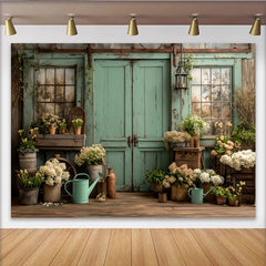 Lofaris Toile de fond de photographie jardin fleuri vintage avec porte verte, arrière-plan rustique pour studio photo et portrait