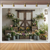 Lofaris Toile de fond de photographie printemps rustique avec porte de grange et fleurs, élégant arrière-plan champêtre pour studio photo