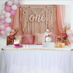 Lofaris Toile de fond rose 1er anniversaire bohème avec macramé et fleurs, élégant décor de fête pour séance photo de bébé