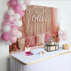 Lofaris Toile de fond rose 1er anniversaire bohème avec macramé et fleurs, élégant décor de fête pour séance photo de bébé