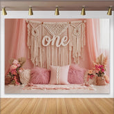 Lofaris Toile de fond rose 1er anniversaire bohème avec macramé et fleurs, élégant décor de fête pour séance photo de bébé