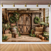 Lofaris Toile de fond de photographie rustique grange en bois et verdure, arrière-plan de ferme avec citrouilles et barils pour studio photo