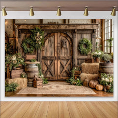 Lofaris Toile de fond de photographie rustique grange en bois et verdure, arrière-plan de ferme avec citrouilles et barils pour studio photo