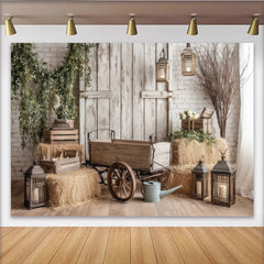Lofaris Toile de fond de photographie rustique porte de grange en bois et mur de briques, décor de ferme avec foin et lanternes