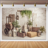 Lofaris Toile de fond de photographie rustique avec mur de briques blanches et verdure, élégant décor de ferme avec accessoires vintage