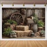 Lofaris Toile de fond de photographie rustique avec mur en bois et bottes de foin, décor de grange vintage idéal pour portraits et événements