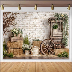 Lofaris Toile de fond de photographie rustique avec mur de briques blanches et bottes de foin, arrière-plan champêtre avec roue en bois