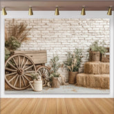 Lofaris Toile de fond de photographie rustique avec mur de briques blanches et roues en bois, décor de grange pour studio photo