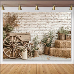 Lofaris Toile de fond de photographie rustique avec mur de briques blanches et roues en bois, décor de grange pour studio photo